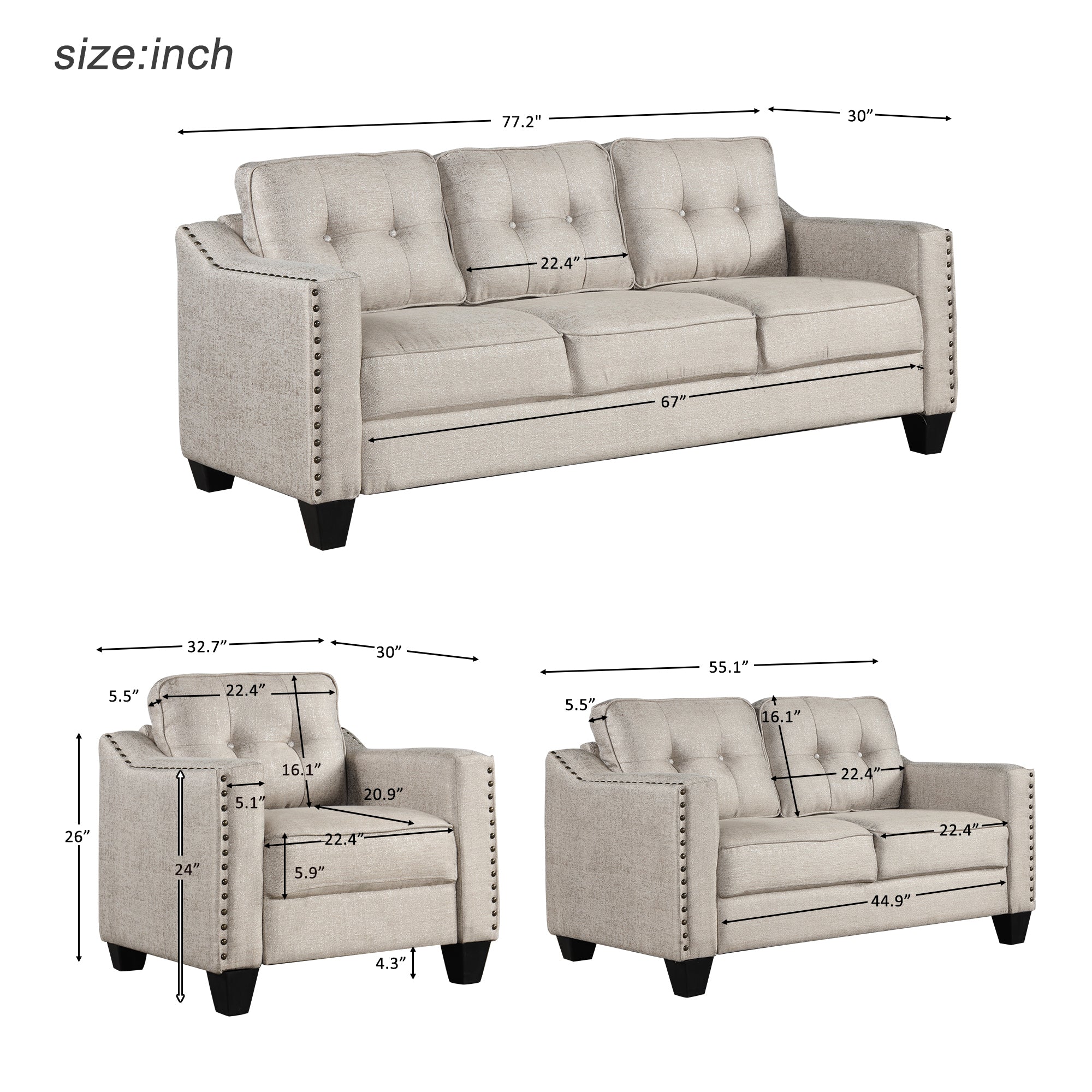 U-Style 3-Piece Living Room Set in Beige: Sofa, Loveseat, Armchair | Stylish and Comfortable Addition to Your Home