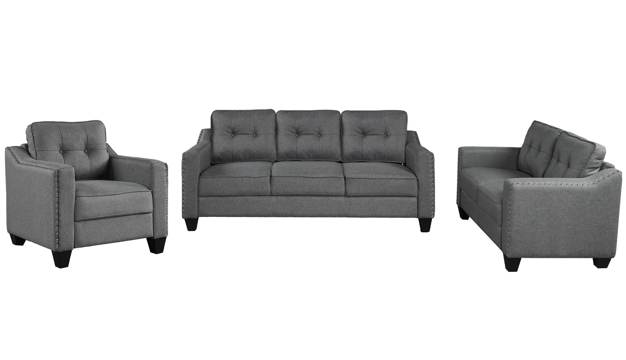 3-Piece Living Room Set with Tufted Cushions in Gray: Sofa, Loveseat, Armchair