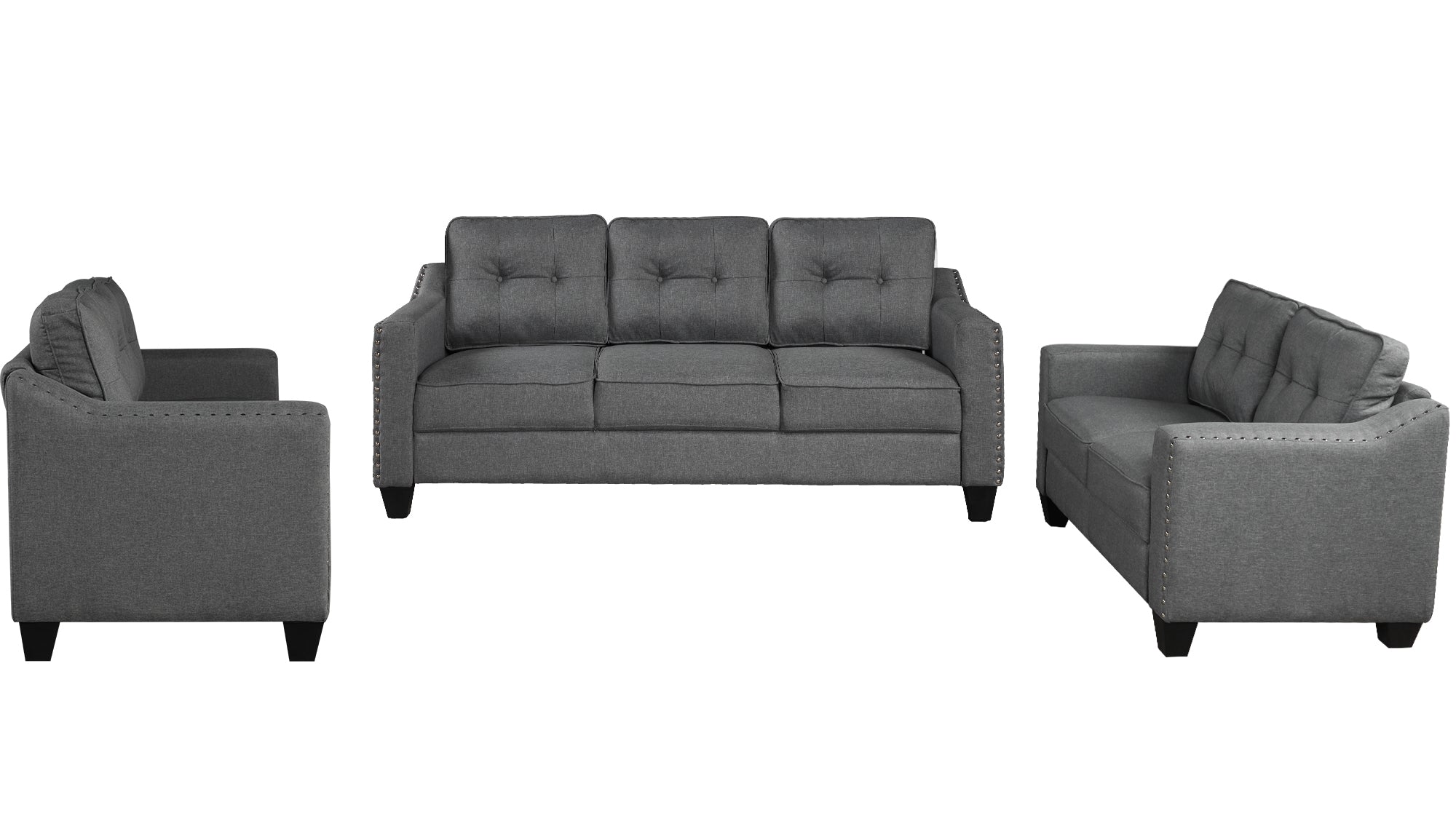 3-Piece Living Room Set with Tufted Cushions in Gray: Sofa, Loveseat, Armchair