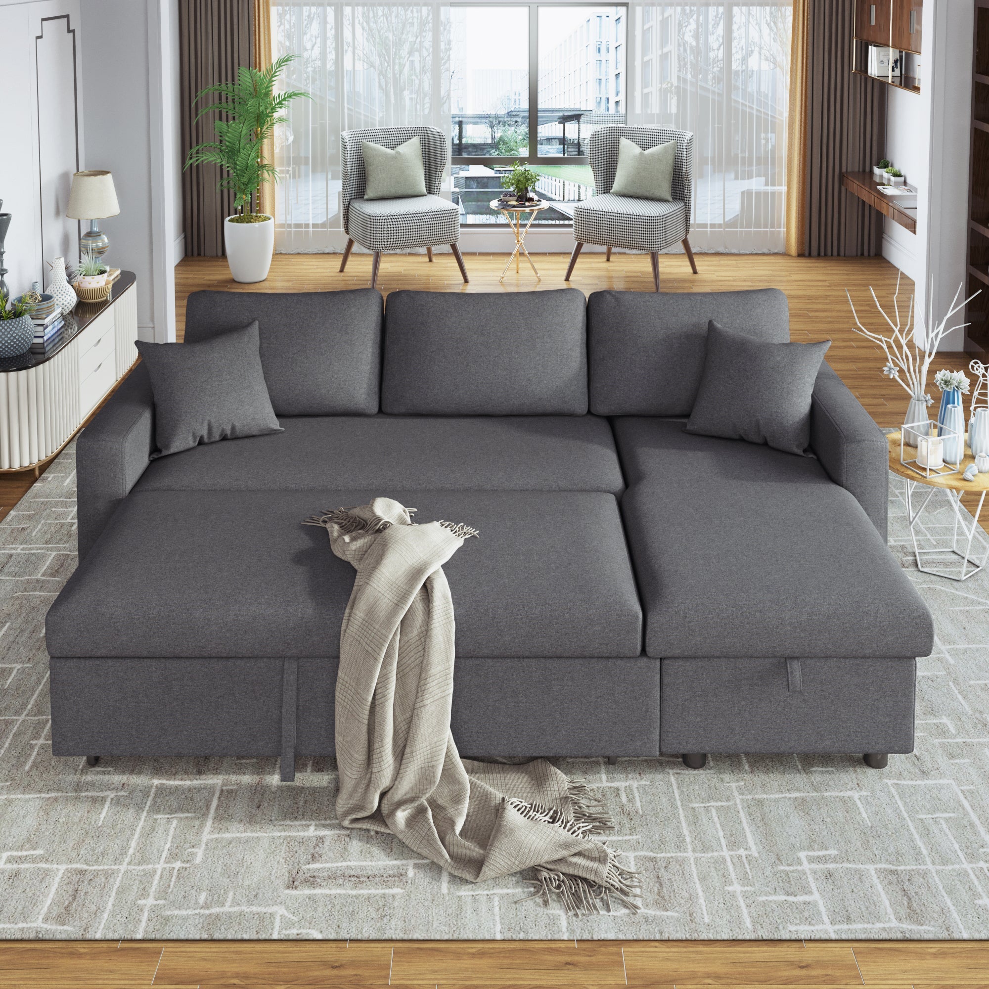 U-Style Upholstery Sleeper Sectional Sofa in Grey with Storage Space, 2 Tossing Cushions | Stylish and Functional Addition to Your Living Space-Sleeper Sectionals-American Furniture Outlet