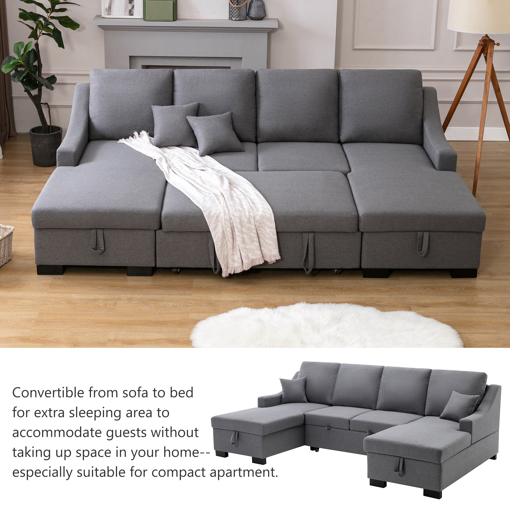 U-Style Upholstery Sleeper Sectional Sofa with Double Storage Spaces, 2 Tossing Cushions, Grey | Comfortable and Functional Addition to Your Living Space-Sleeper Sectionals-American Furniture Outlet