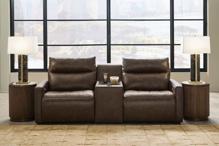 Chocolate power reclining sofa with center console and tufted back cushions