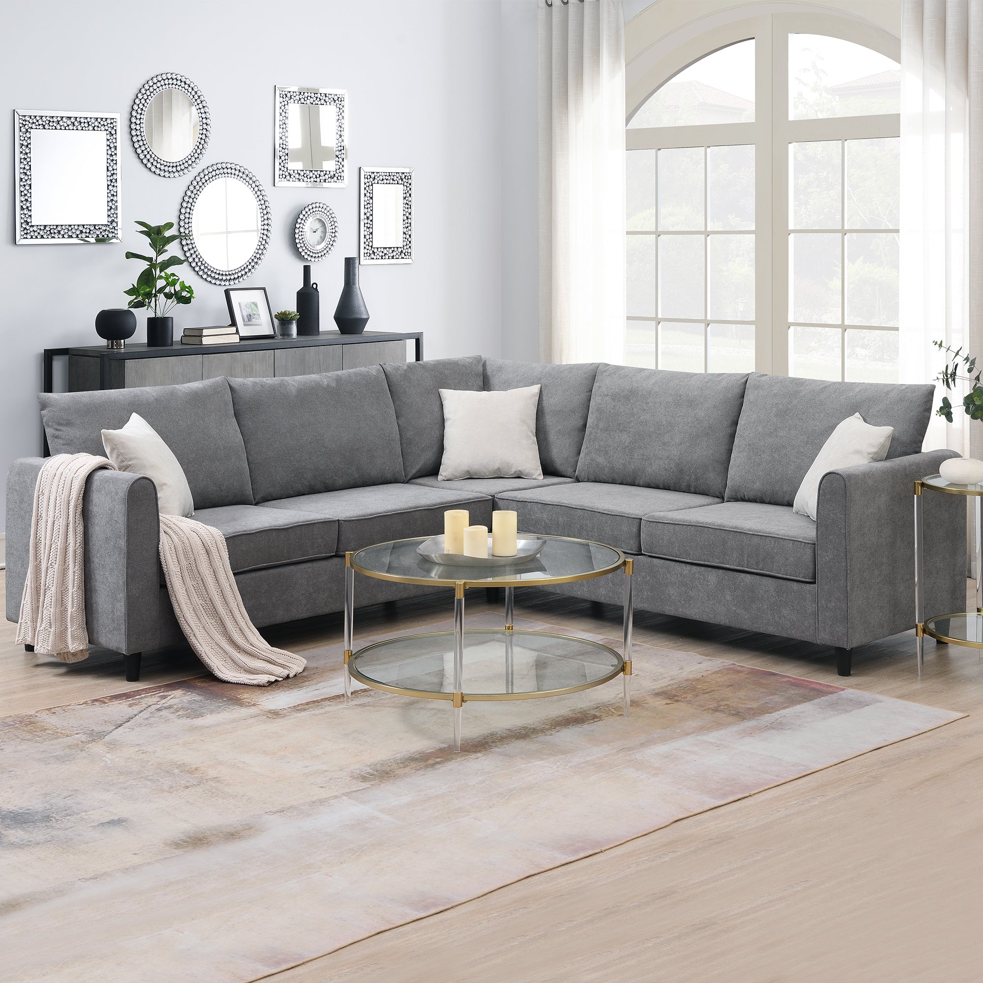 Upholstered Gray L-Sectional Sofa - 3 Pillows, Modern-Stationary Sectionals-American Furniture Outlet