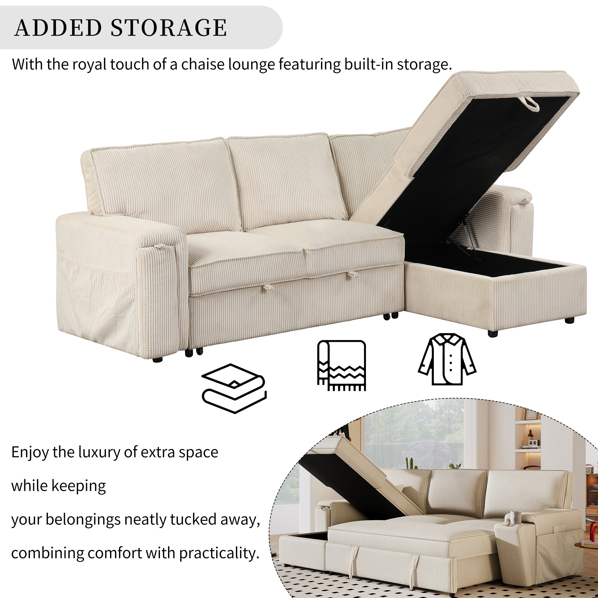 Upholstery Sleeper Sectional Sofa: Storage Bags, 2 Cup Holders on Arms Beige-Sleeper Sectionals-American Furniture Outlet