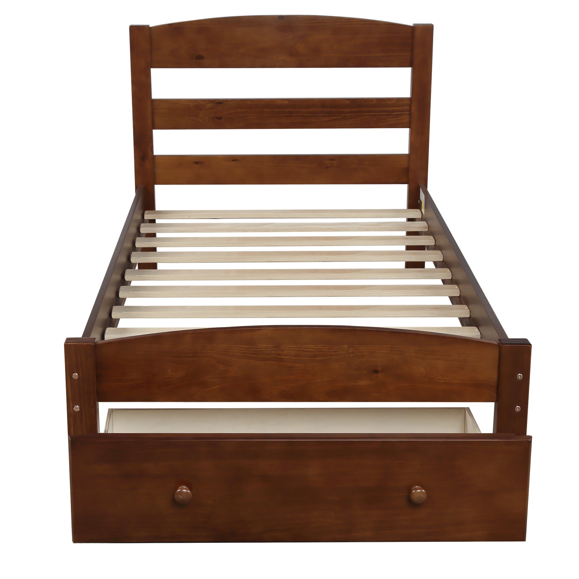 Walnut Twin Platform Bed Frame with Storage Drawer - Wood Slat Support, No Box Spring Required
