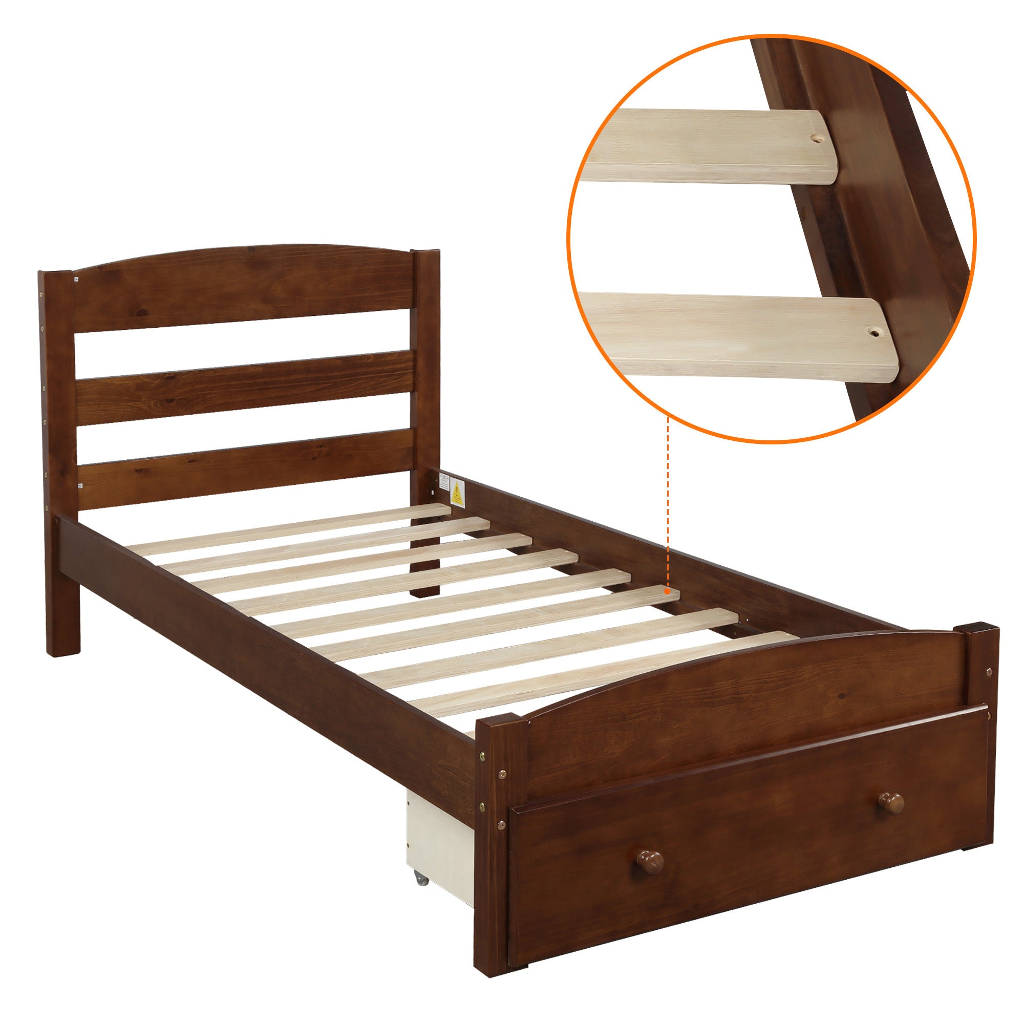 Walnut Twin Platform Bed Frame with Storage Drawer - Wood Slat Support, No Box Spring Required