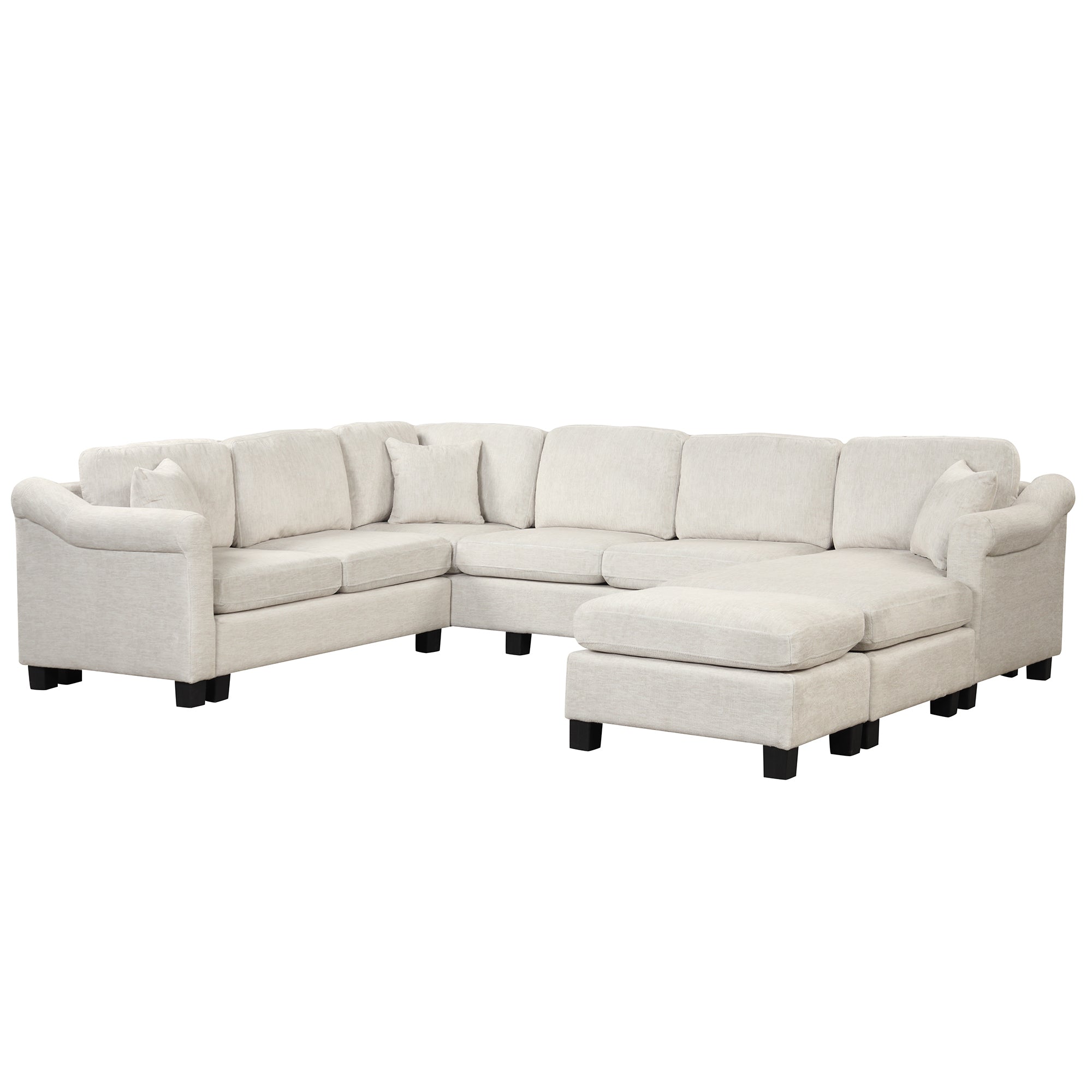 White Large Velvet U Shaped Sectional Sofa w/ Ottoman & Chaise-Stationary Sectionals-American Furniture Outlet