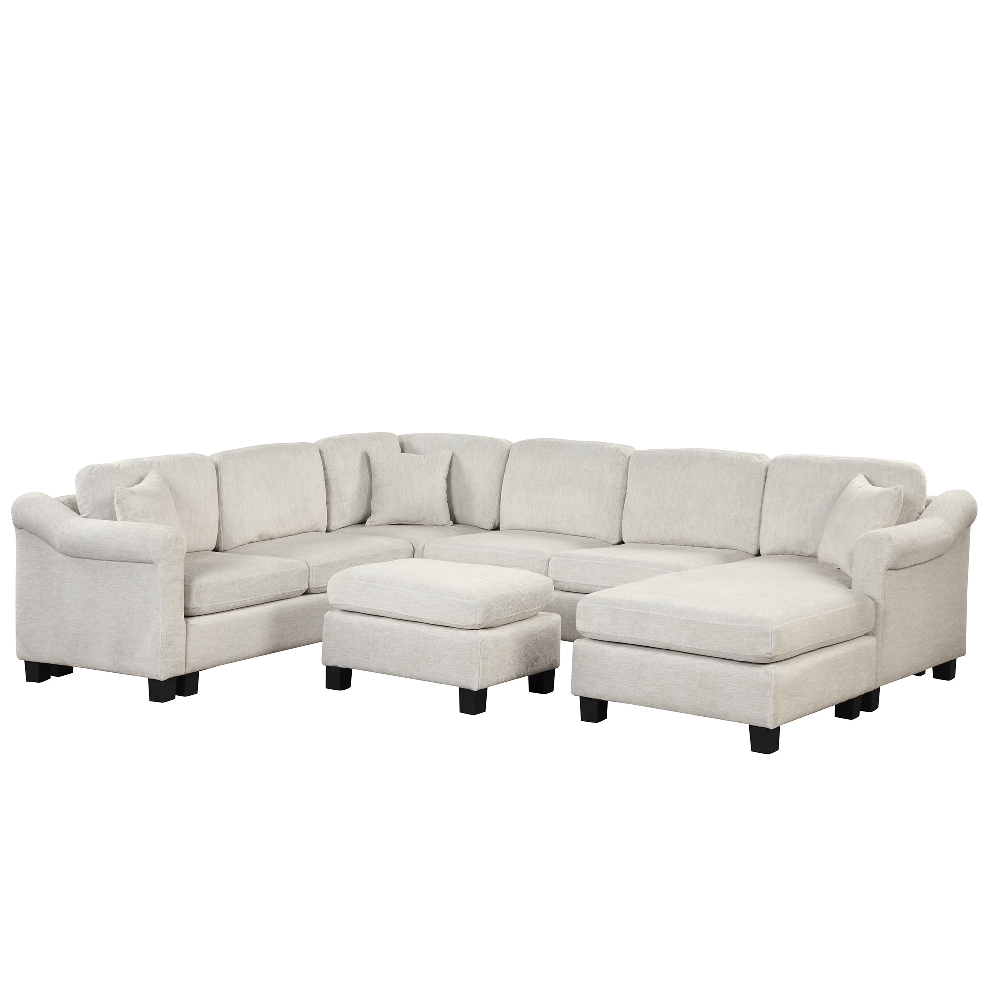 White Large Velvet U Shaped Sectional Sofa w/ Ottoman & Chaise-Stationary Sectionals-American Furniture Outlet