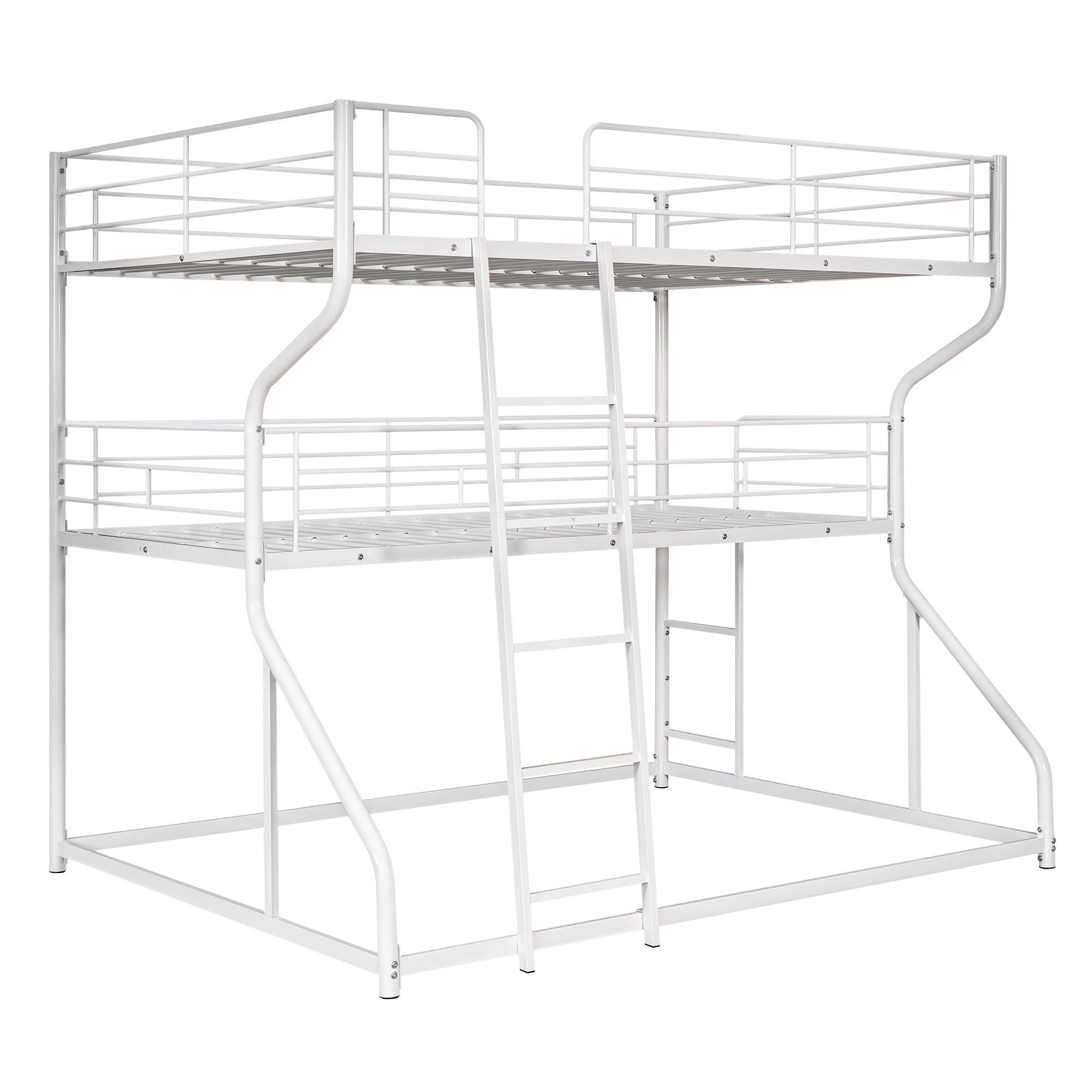 White Triple Bunk Bed: Full XL Top, Twin XL Over Queen Bottom, Long & Short Ladders
