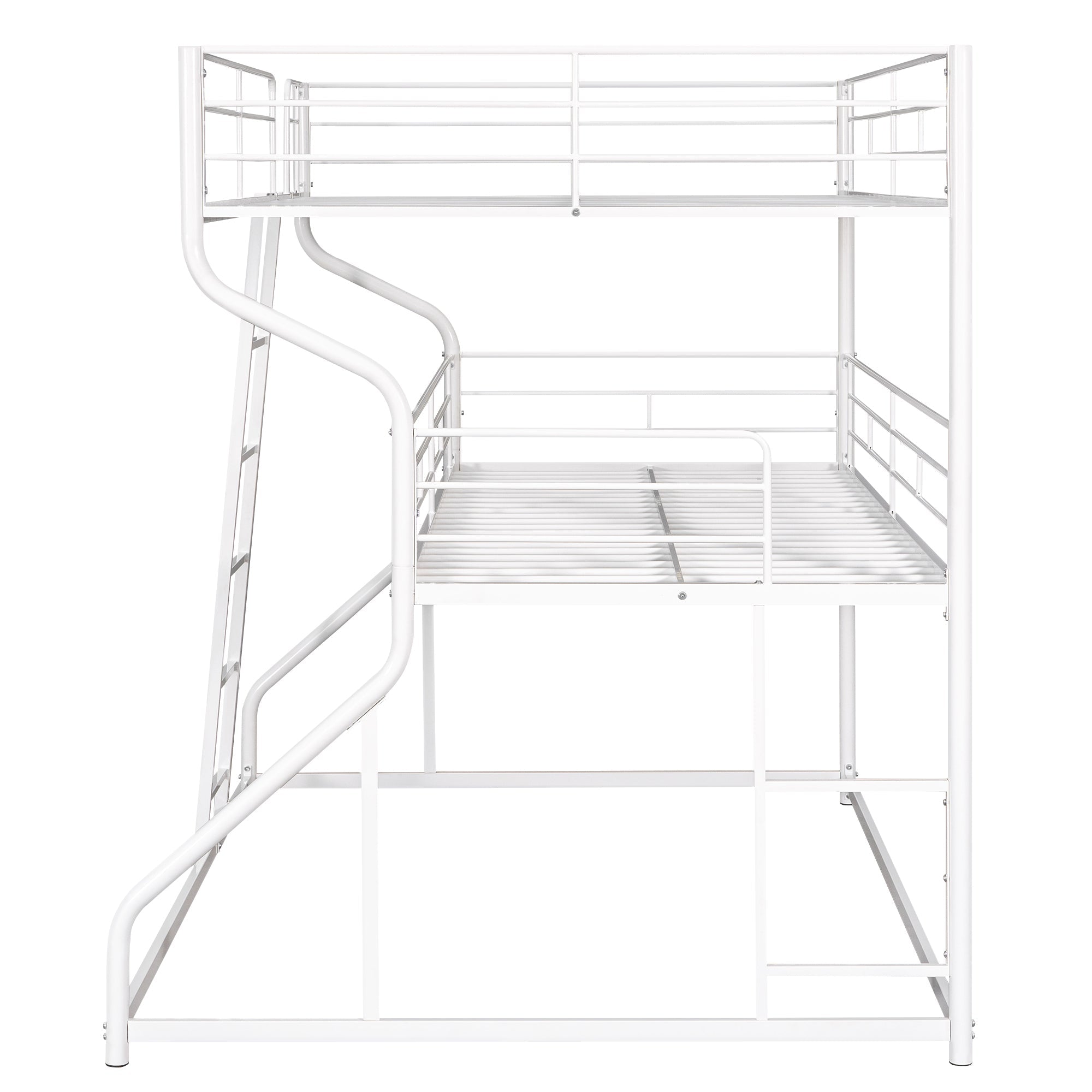 White Triple Bunk Bed: Full XL Top, Twin XL Over Queen Bottom, Long & Short Ladders
