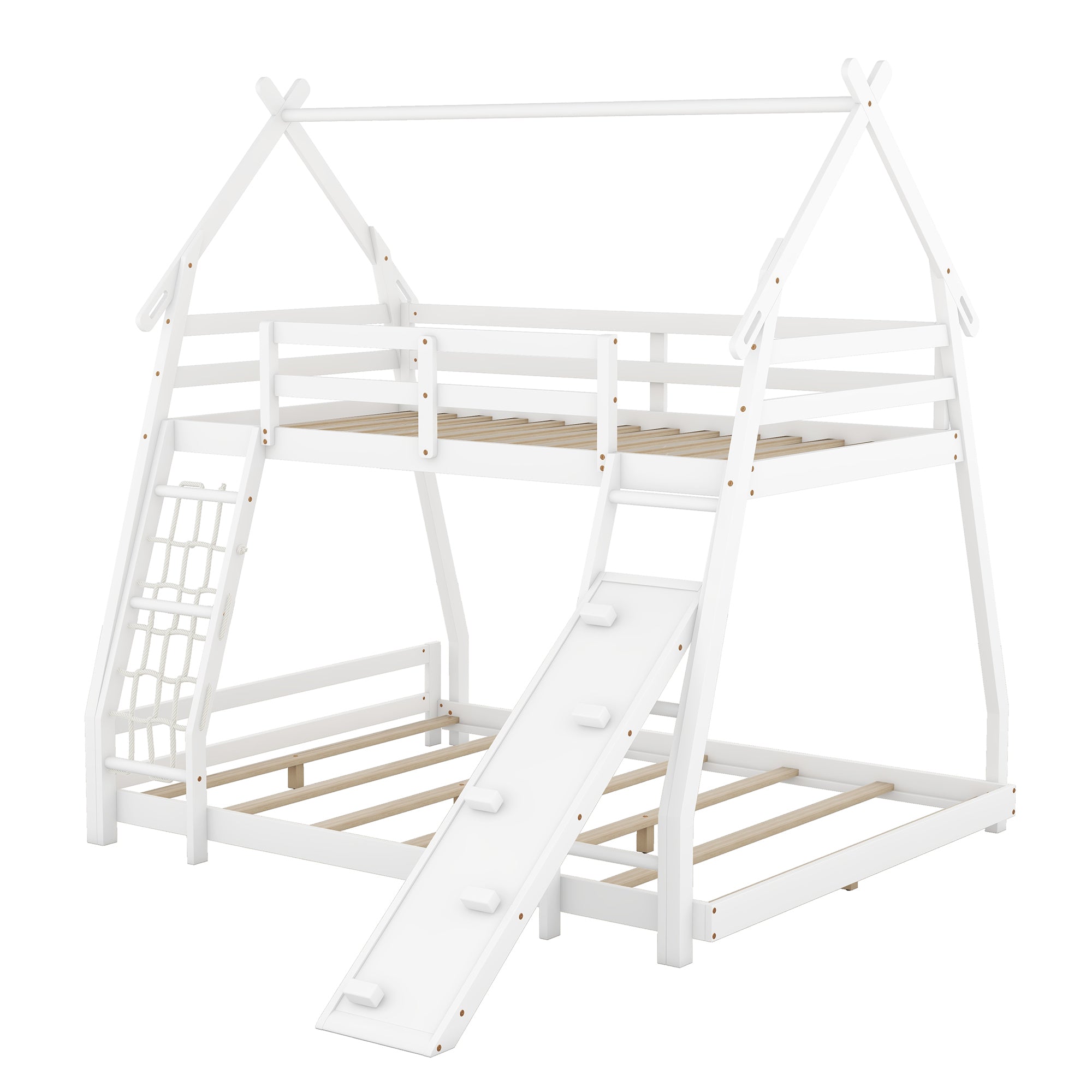 White Twin Over Queen House Bunk Bed Climbing Nets & Ramp