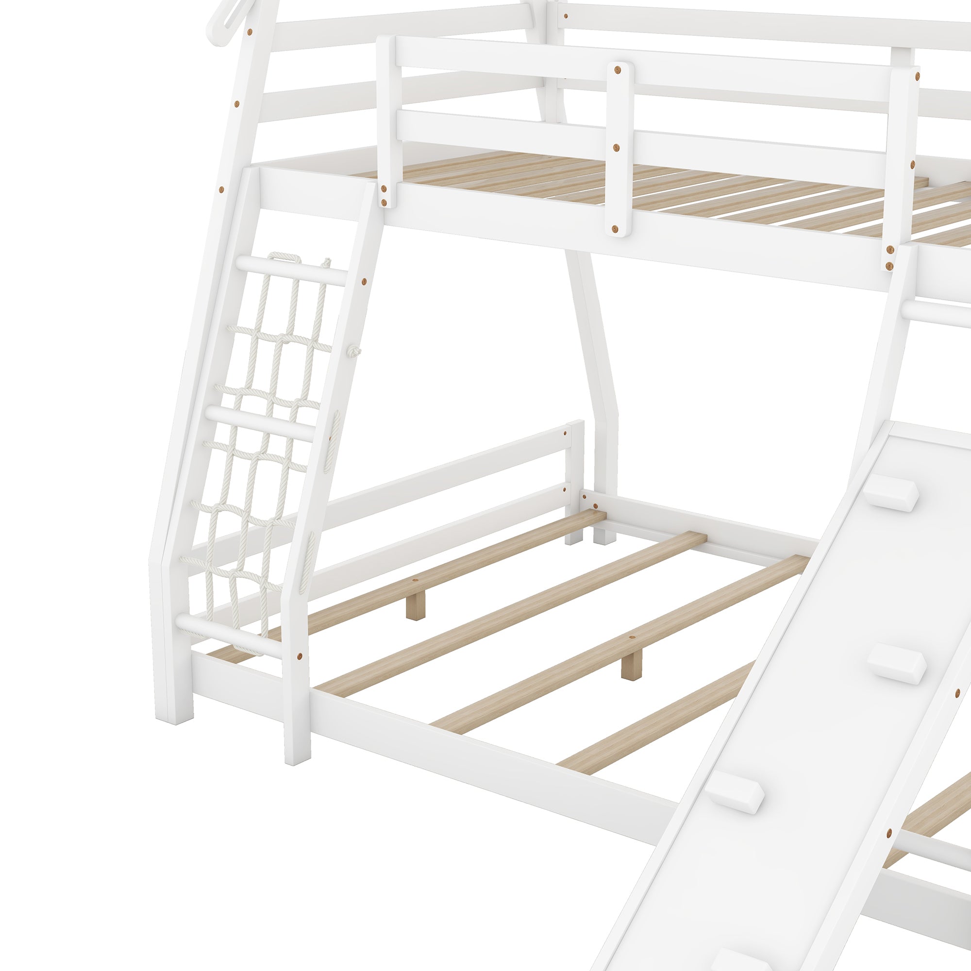 White Twin Over Queen House Bunk Bed Climbing Nets & Ramp