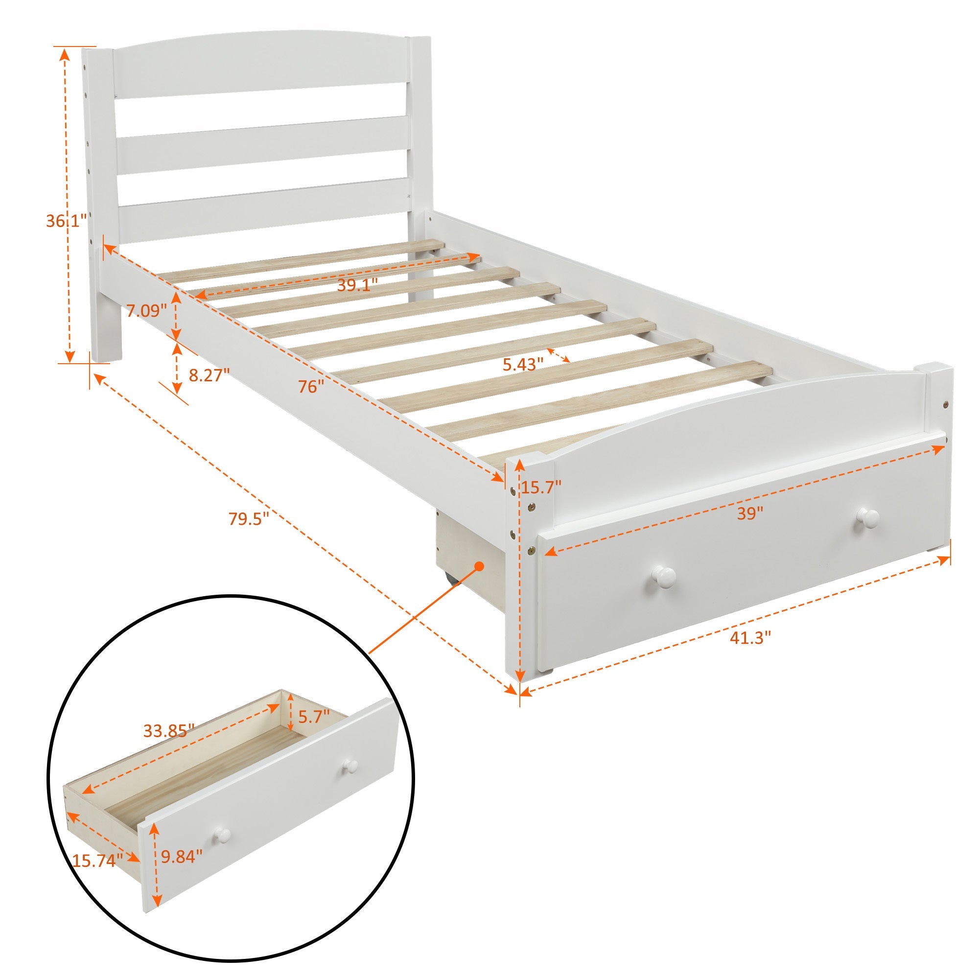 White Twin Platform Bed Frame Solid Wood