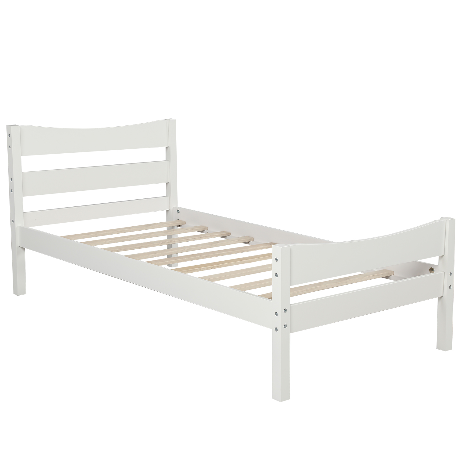 White Twin Size Wood Platform Bed with Headboard - Wooden Slat Support, No Box Spring Needed