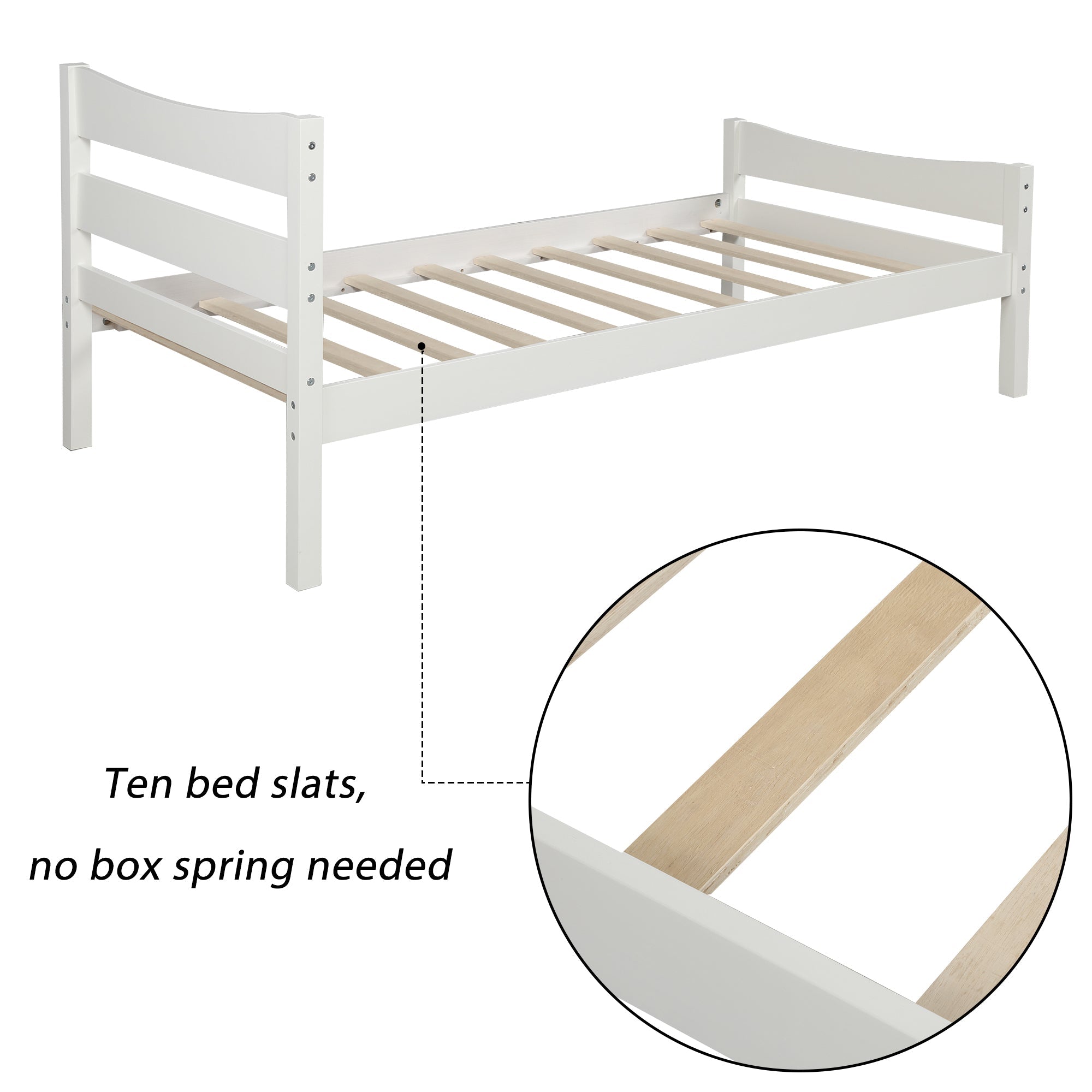 White Twin Size Wood Platform Bed with Headboard - Wooden Slat Support, No Box Spring Needed