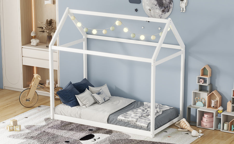 White Twin Size Wooden House Bed - Charming Design for Kids' Room, Sturdy Construction