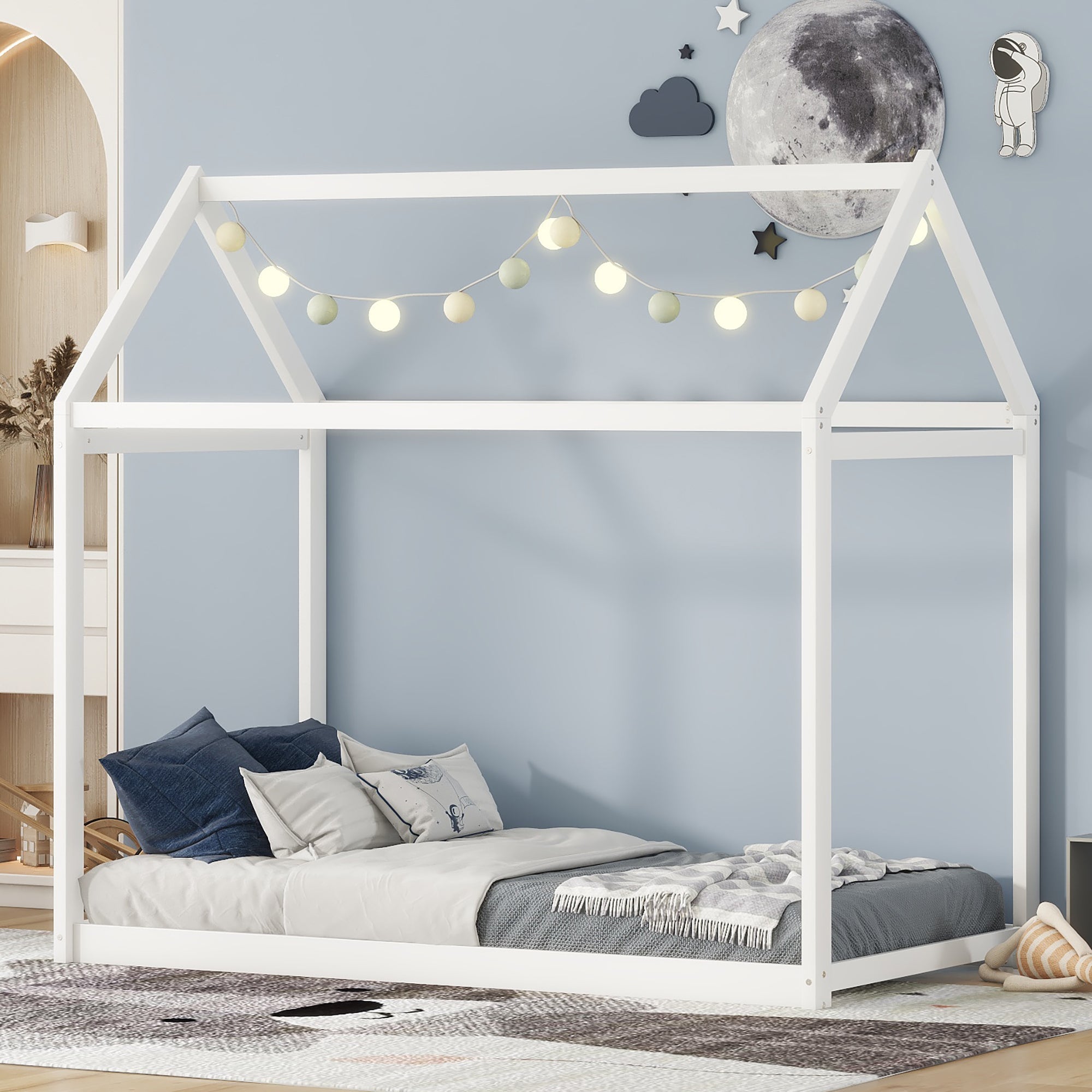 White Twin Size Wooden House Bed - Charming Design for Kids' Room, Sturdy Construction