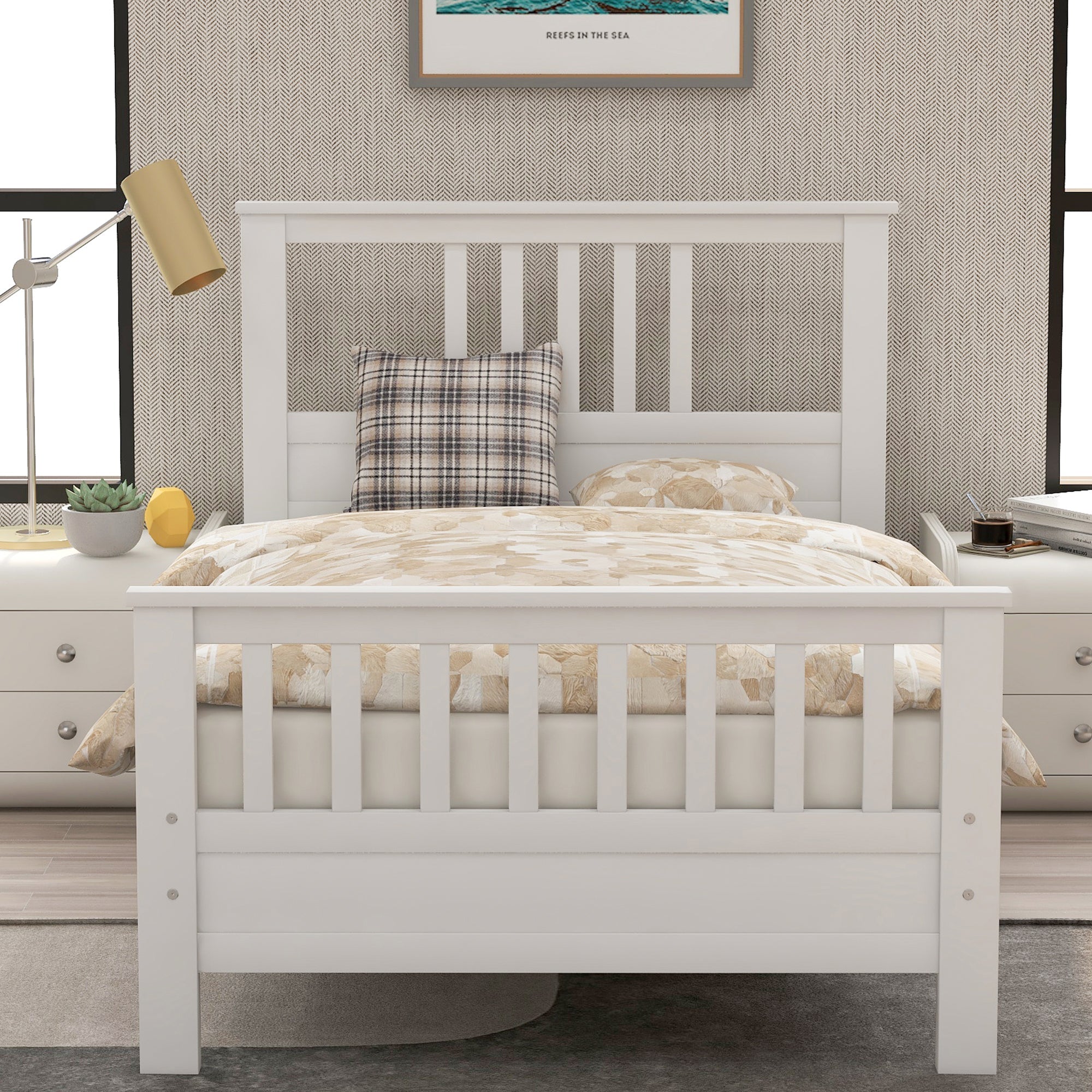 White Twin Wood Platform Bed with Headboard & Footboard - Sturdy Support, No Box Spring Needed