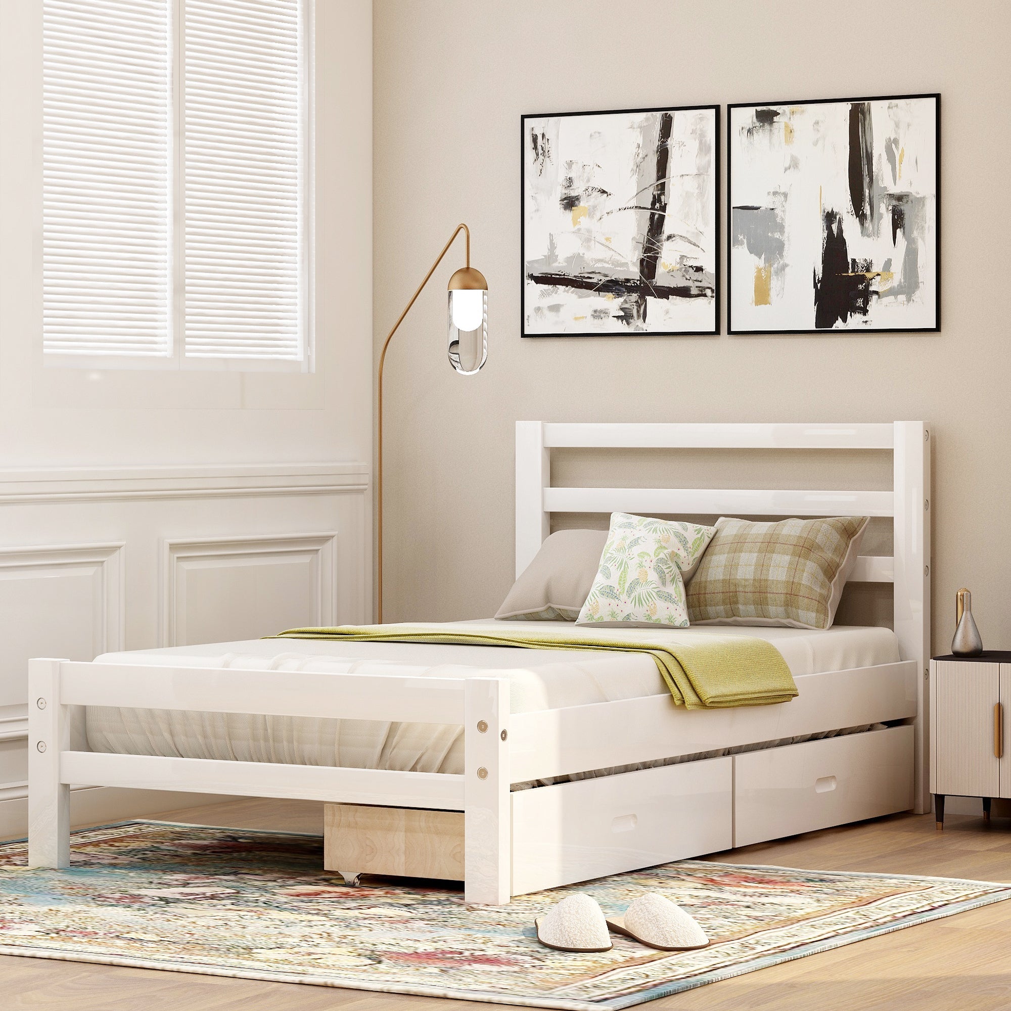 White Twin Wood Platform Bed with Two Drawers - Storage Solution, Sturdy Support