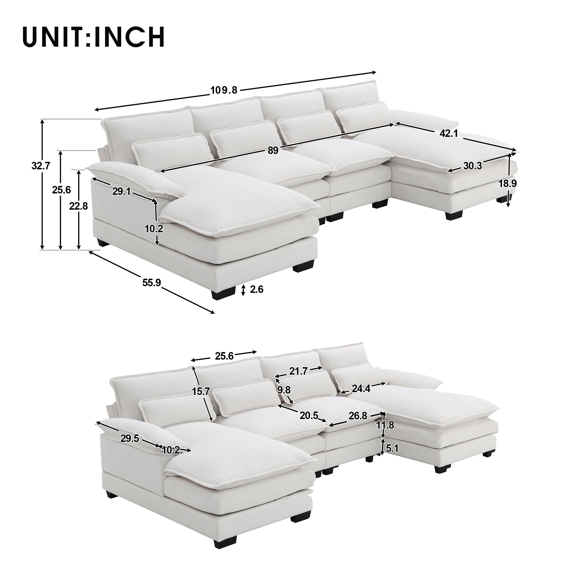 White U-Shaped Sectional Sofa - Plush Comfort in Chenille-Stationary Sectionals-American Furniture Outlet