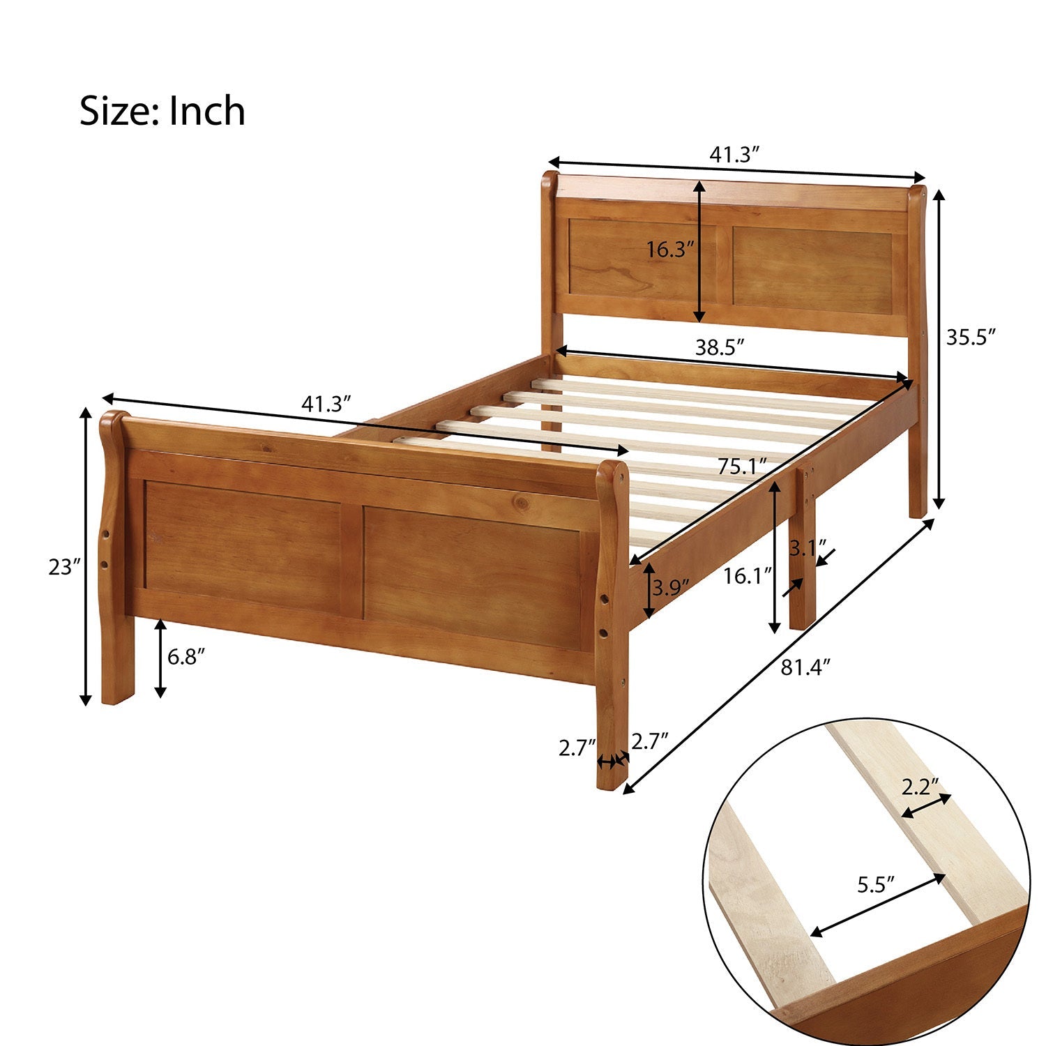 Wood Platform Twin Bed Frame | Sleigh Design | Headboard/Footboard | Wood Slat Support | Mattress Foundation
