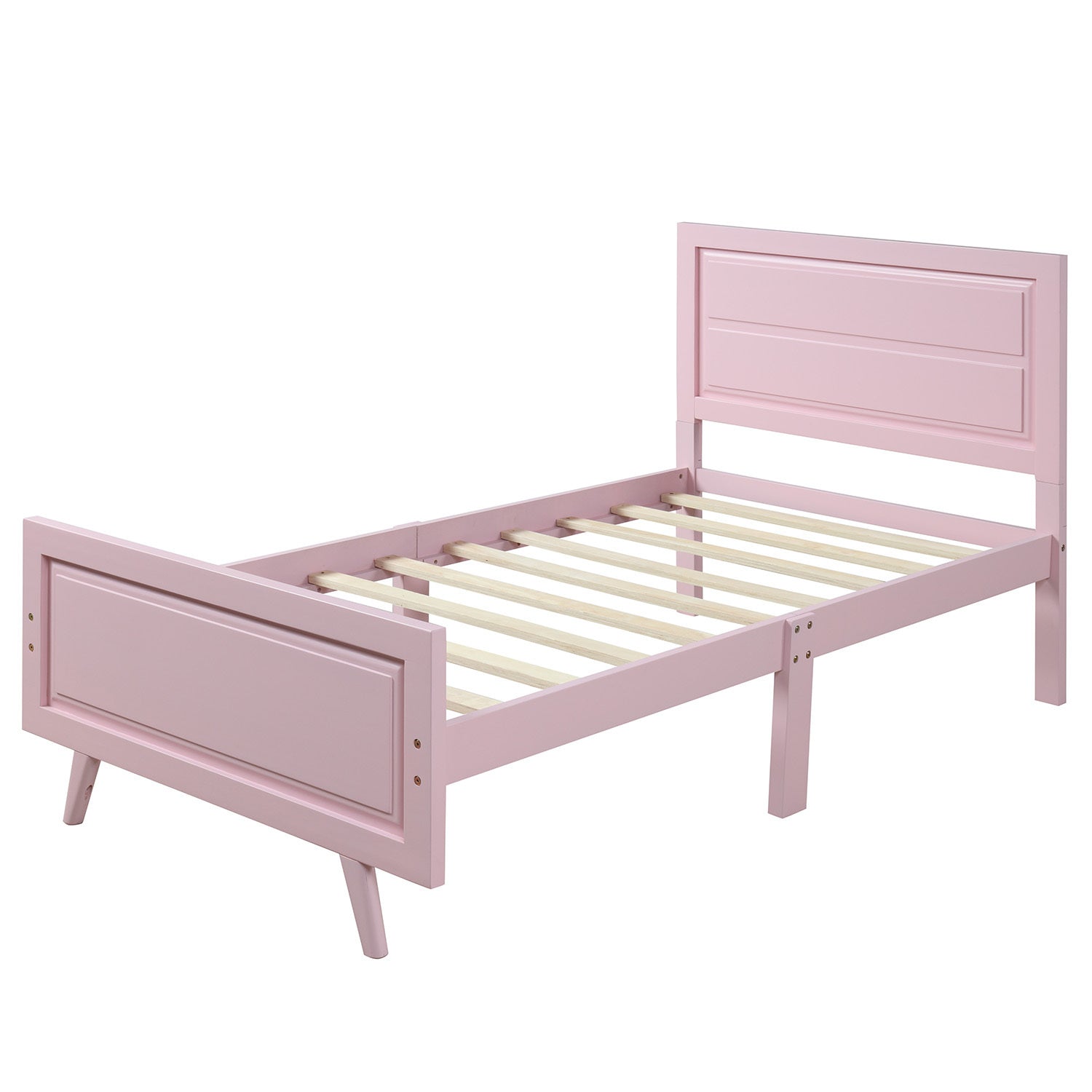 Wood Platform Twin Bed Frame with Headboard | Pink Finish | Wood Slat Support | Mattress Foundation