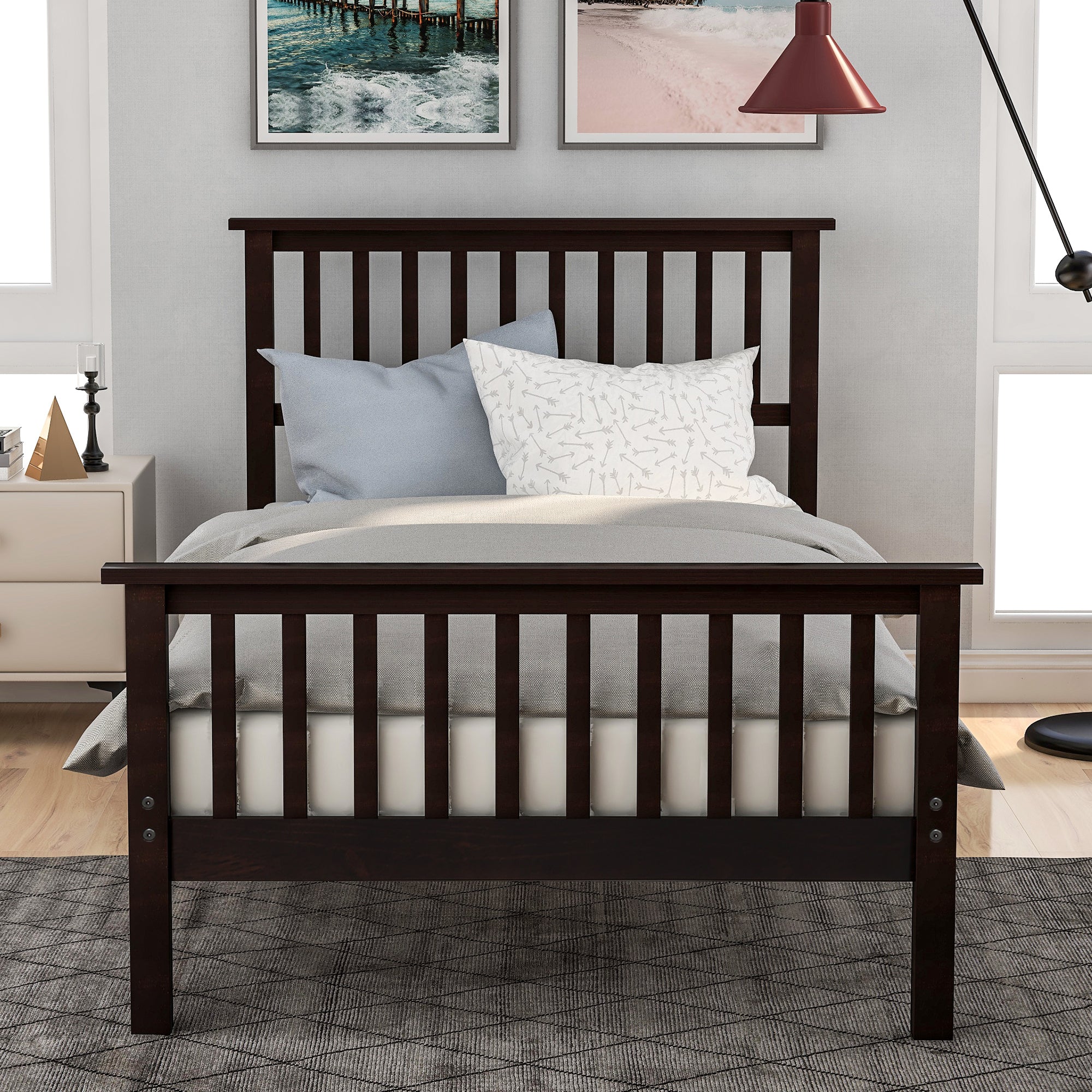 Wood Platform Twin Bed with Headboard and Footboard | Espresso Finish | Sturdy Construction