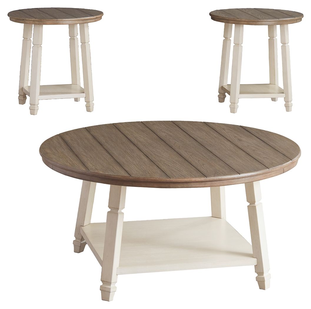 Occasional table set: round brown wood tops, white legs, and three nested tables