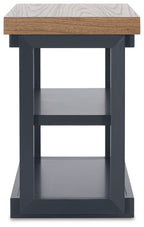 Dark blue side table with wood top and two open shelves
