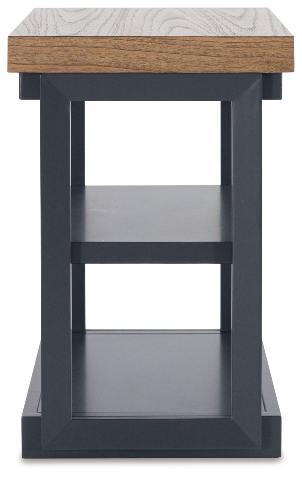 Dark blue side table with wood top and two open shelves