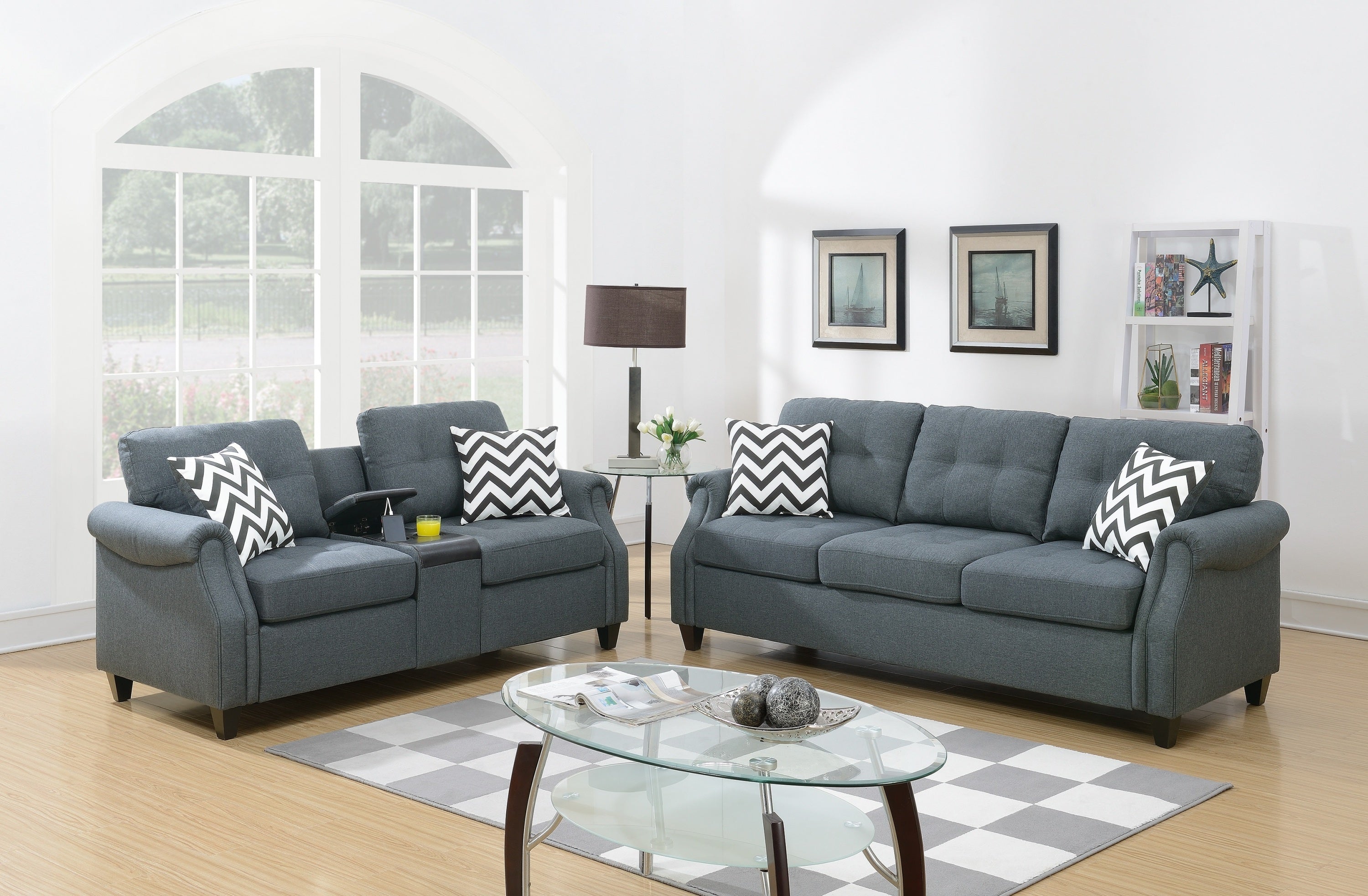 Blue Gray Sofa & Loveseat Set with Console