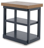 Dark blue side table with square wood top and two-tier open shelf