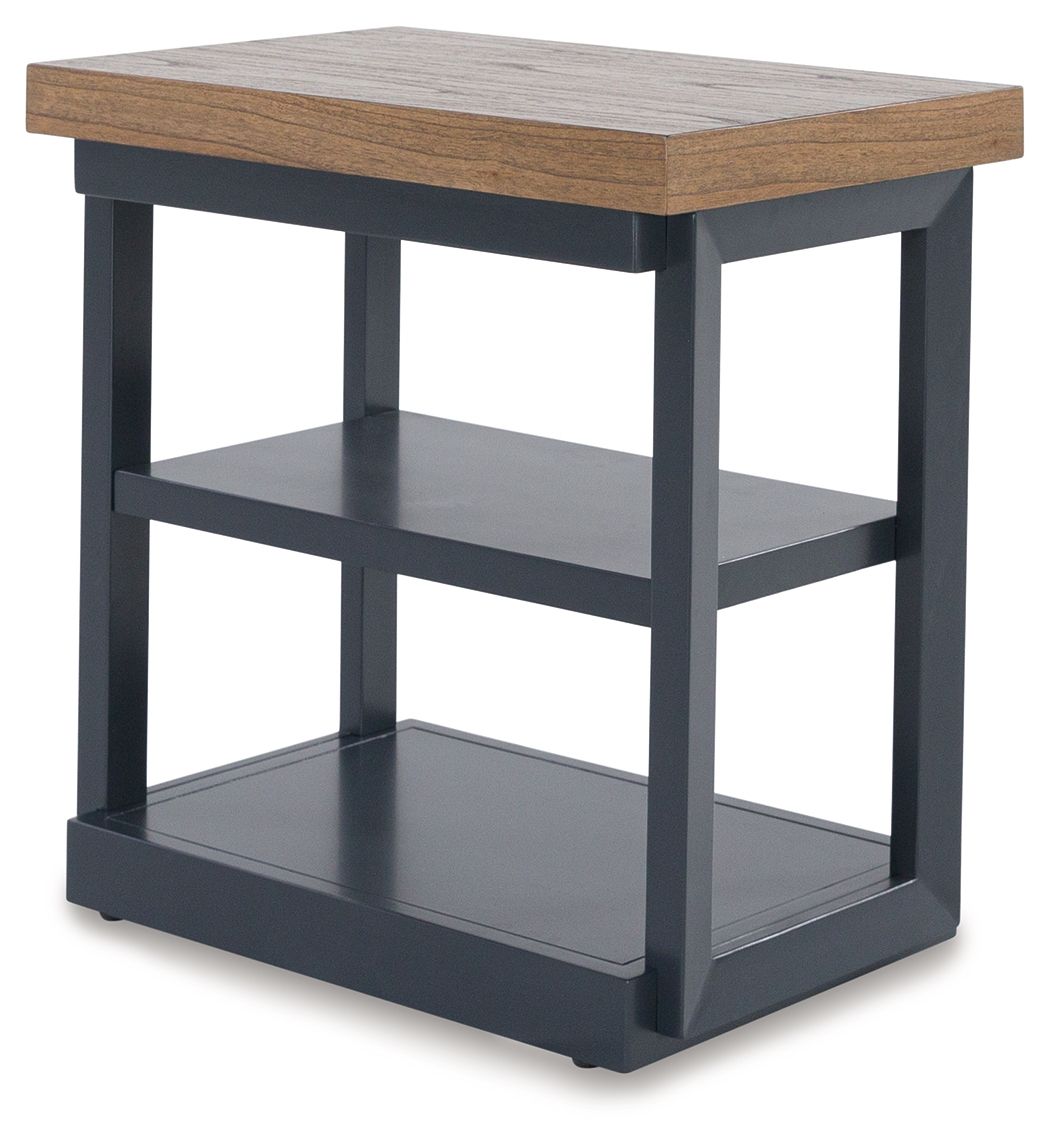 Dark blue side table with square wood top and two-tier open shelf