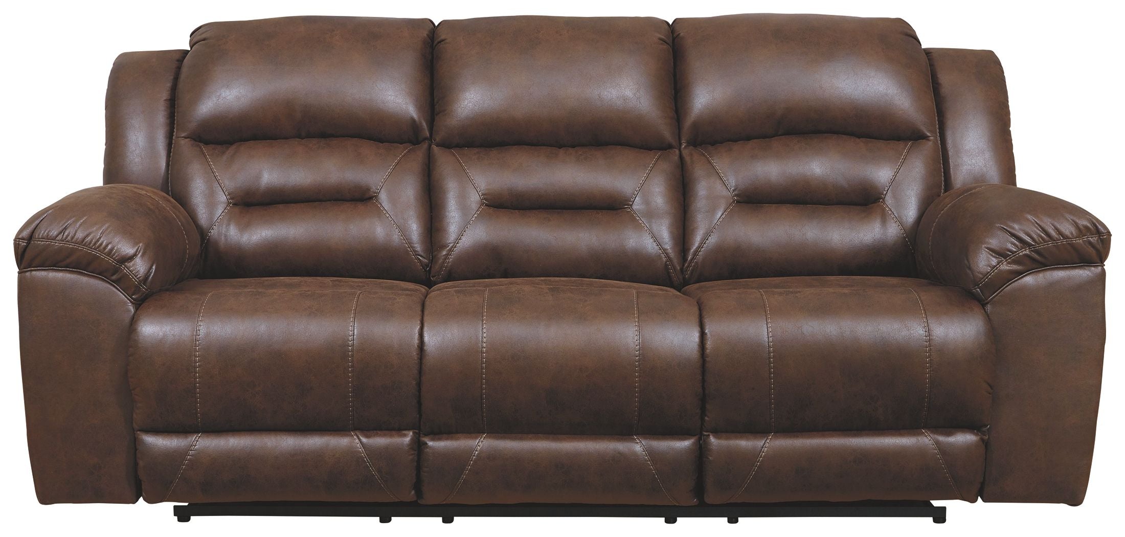 Chocolate-brown power reclining sofa with round armrests and segmented back cushions.