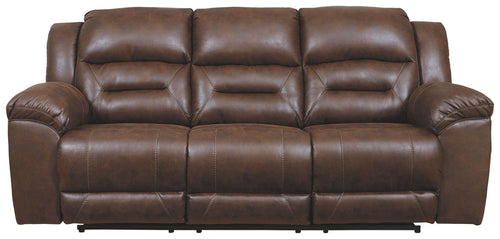 Chocolate-brown power reclining sofa with round armrests and segmented back cushions.