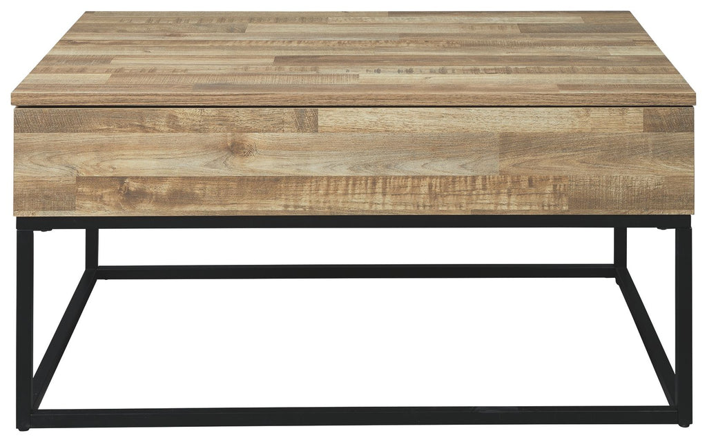 Lift-top cocktail table showing light wood top and black metal underside frame