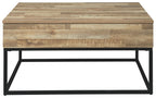 Lift-top cocktail table showing light wood top and black metal underside frame