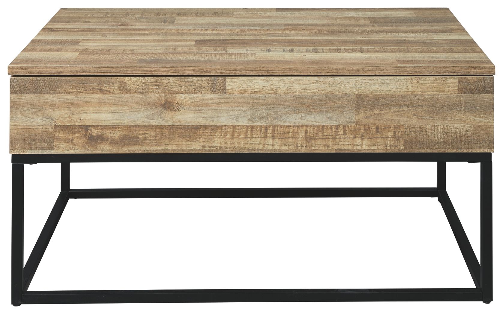 Lift-top cocktail table showing light wood top and black metal underside frame