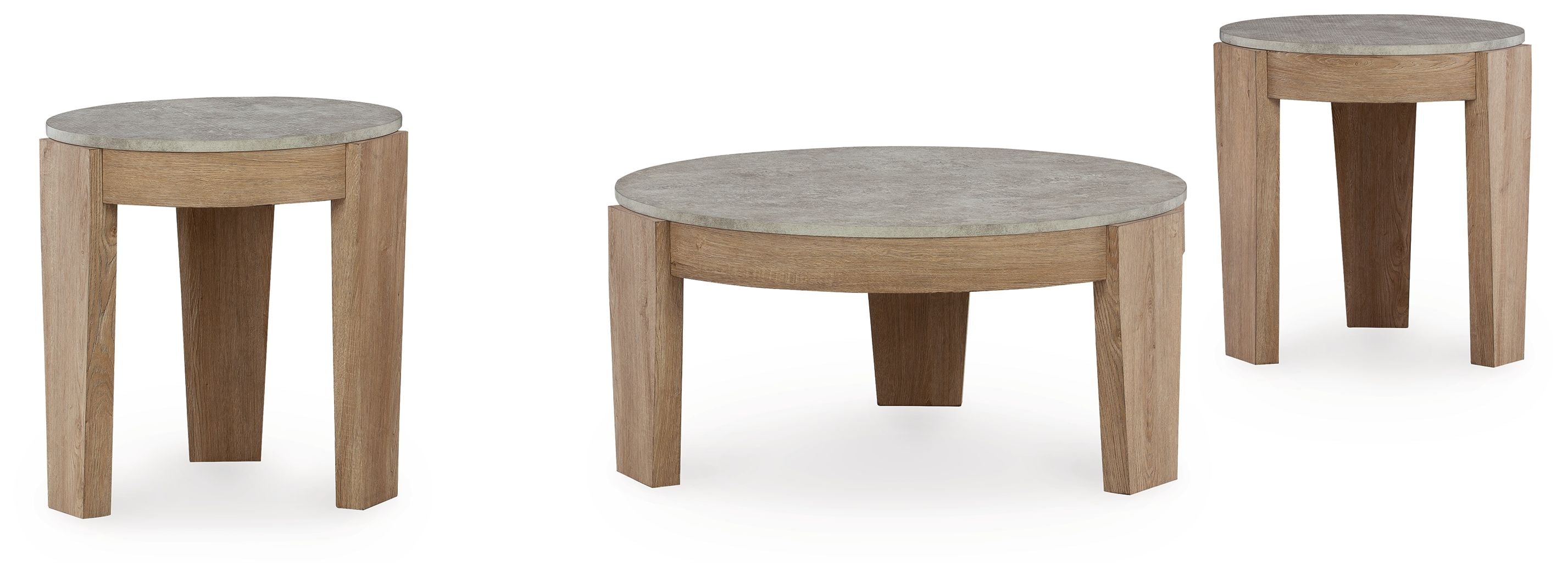 Set of 3 round occasional tables, light brown legs with gray round tabletops