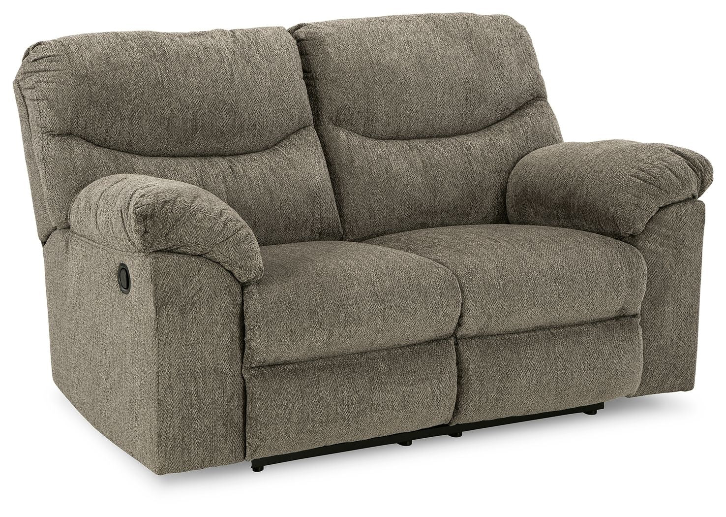 Reclining loveseat with gray fabric, padded arms and cushioned backrest