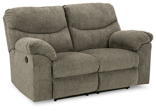 Reclining loveseat with gray fabric, padded arms and cushioned backrest