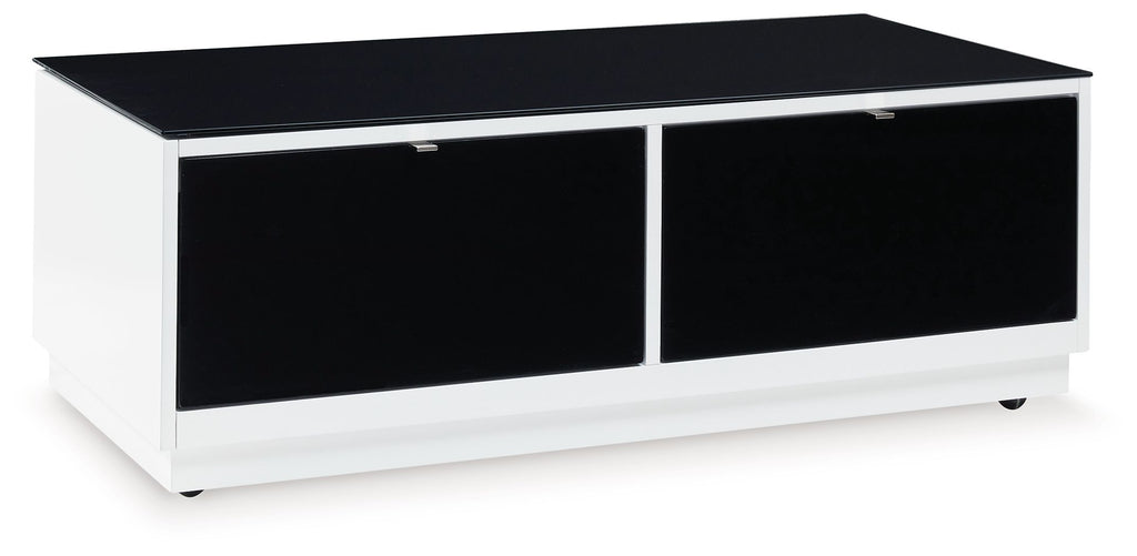 Rectangular cocktail table with white base, two black drawers, and dark top
