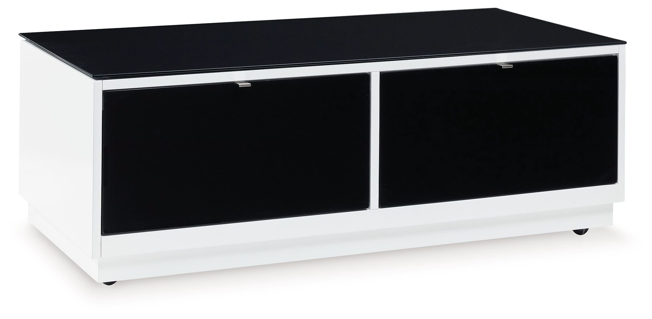 Rectangular cocktail table with white base, two black drawers, and dark top