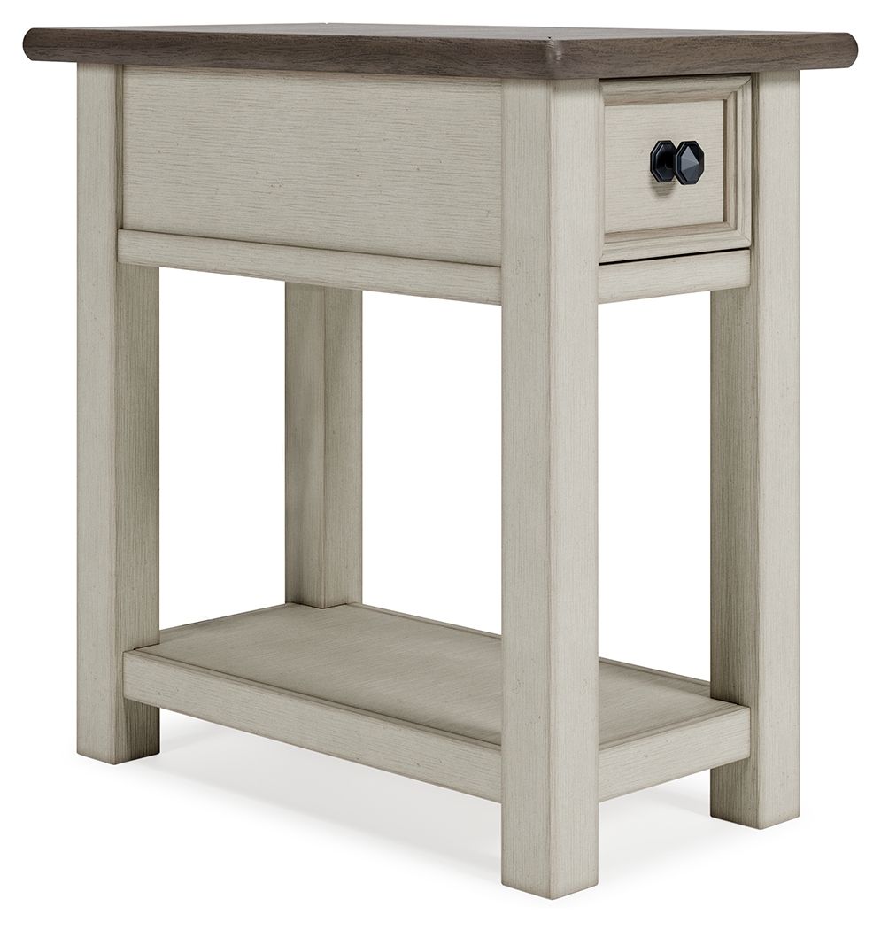 Chair side end table in light white finish with open lower shelf and 1 drawer