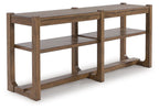 Light brown wooden sofa table with two open shelves and X-style support bars