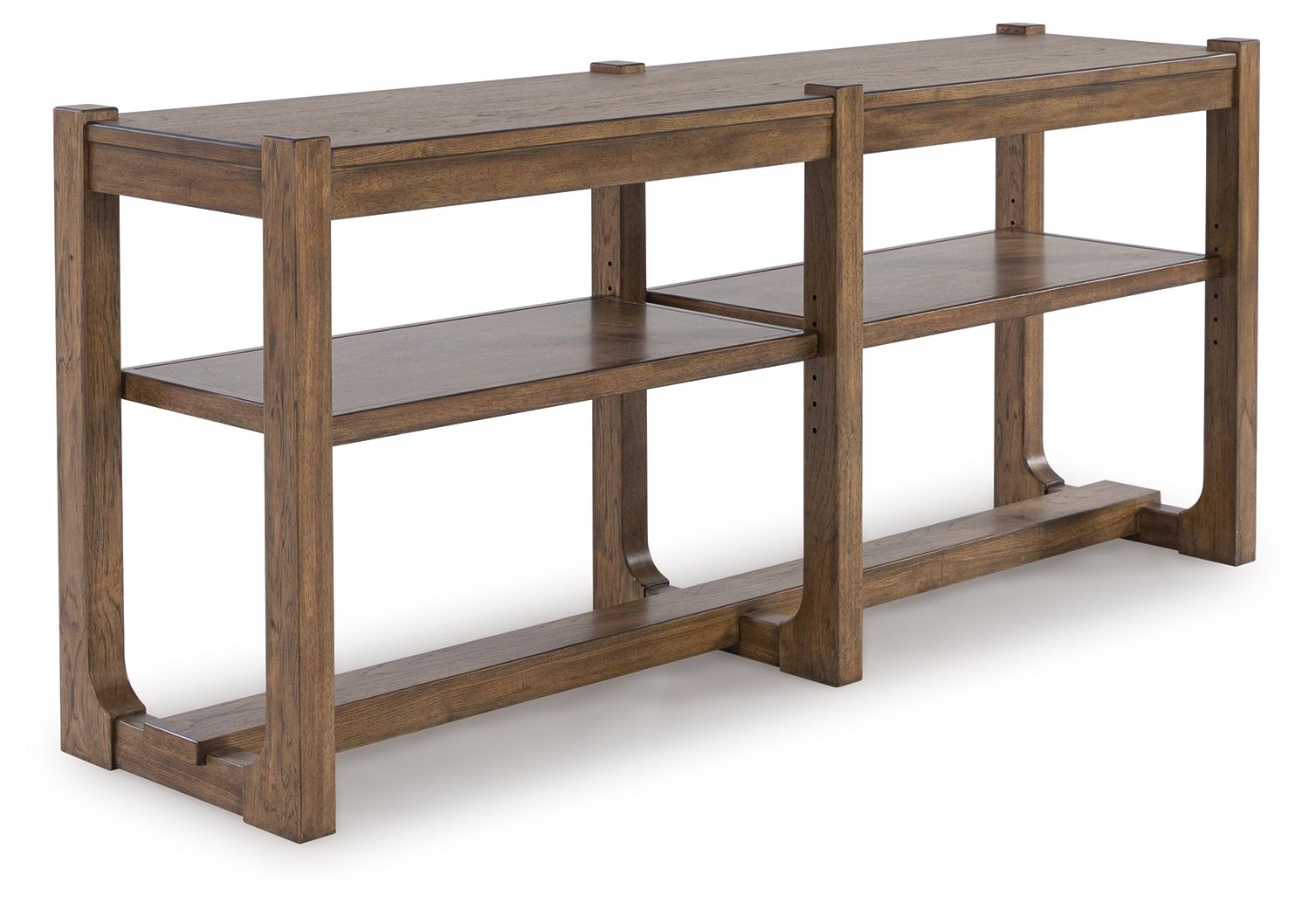 Light brown wooden sofa table with two open shelves and X-style support bars