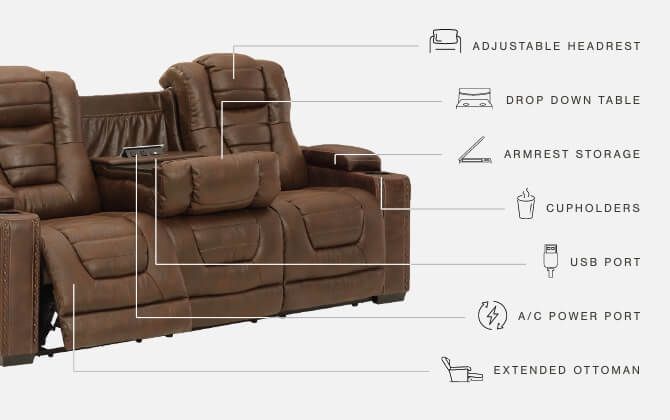 Signature Design by Ashley Owner's Box Thyme Power Reclining Sofa, Brown Faux Leather, Adjustable Headrest