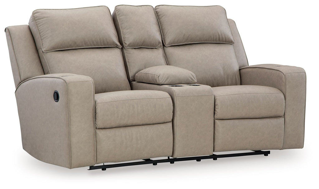 Pebble reclining loveseat with console, padded arms and three seat back cushions.