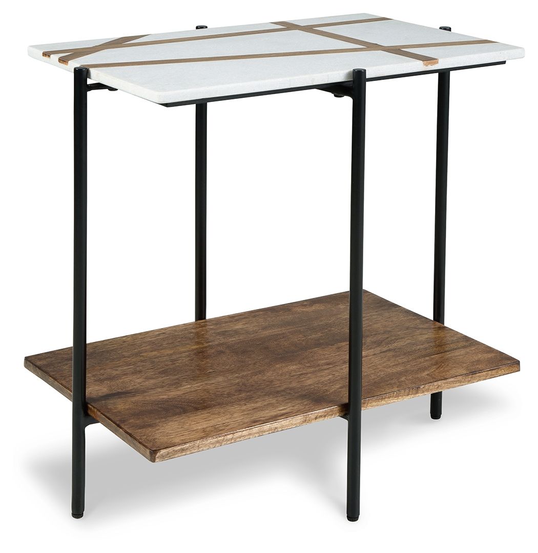 Accent table with white top, light brown trim, dark metal legs, and lower shelf