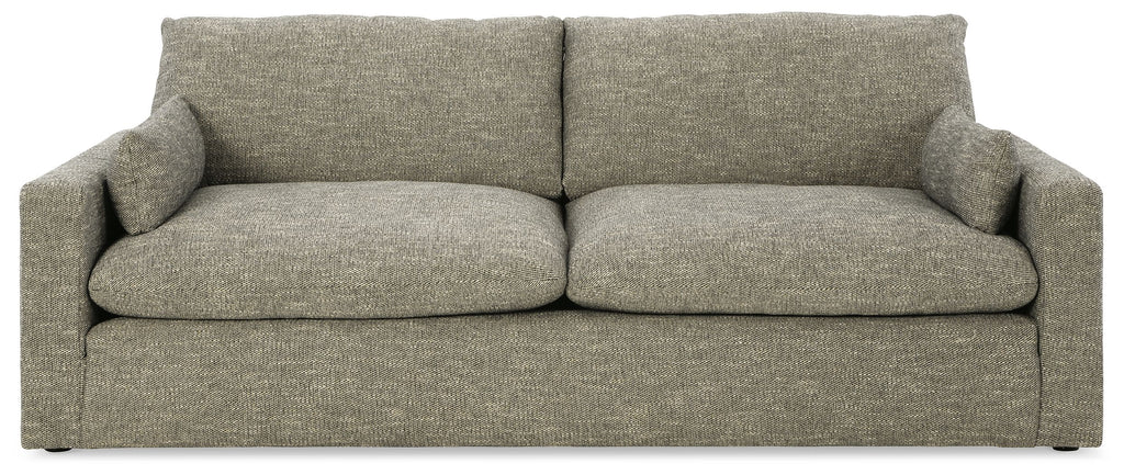 Gray fabric sofa with two seat cushions, straight back, and wide armrests.